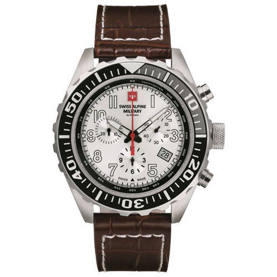 С ремешком Мужские наручные часы с коричневым кожаным ремешком  Swiss Alpine Military 7076.9532 chronograph 44mm 10ATM
