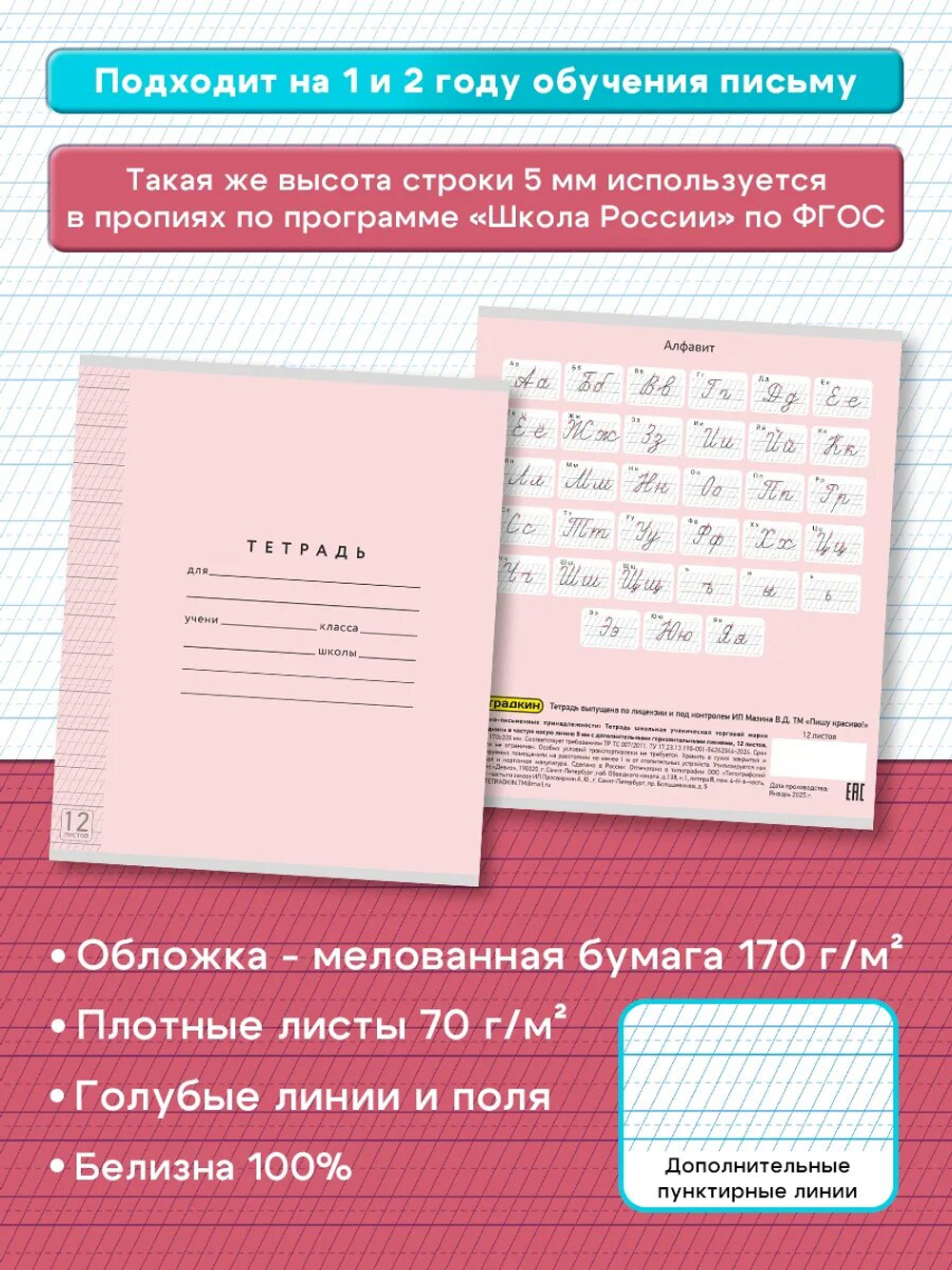 Набор тетрадей ТЕТРАДКИН, частая косая линия 5 мм, 12 л, цвет обложки - розовый, 20 шт