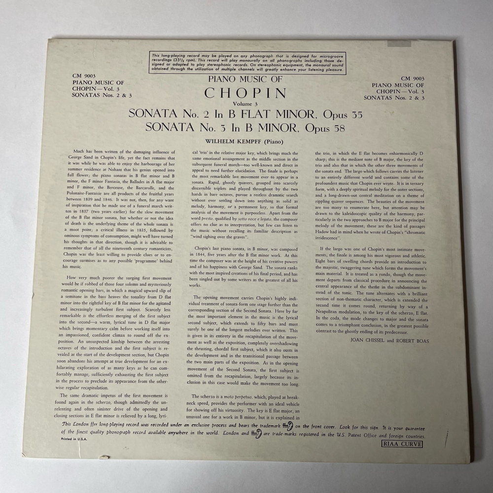 Винтажная виниловая пластинка LP Wilhelm Kempff Chopin Volume 3 (Англия 1963)