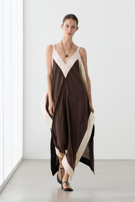 Massimo Dutti Платье миди из струящейся ткани с контрастными полосками, коричневый