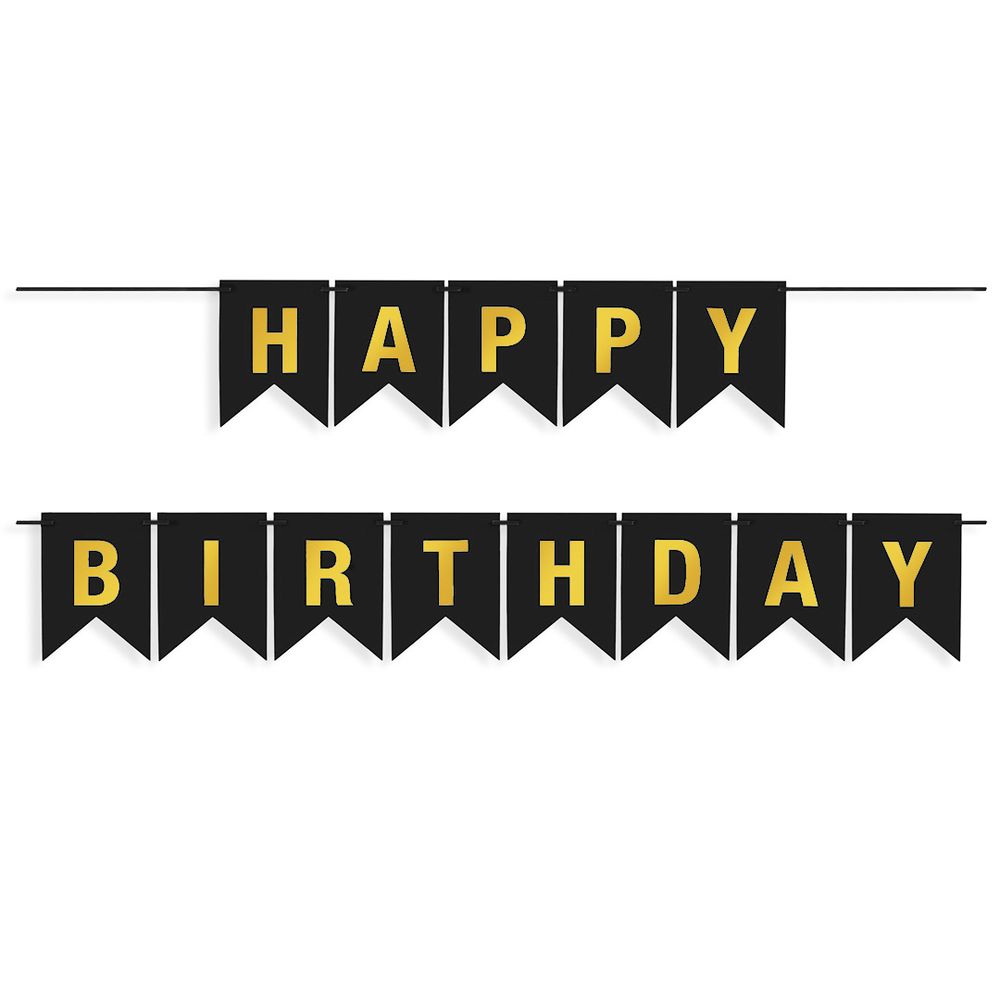 Гирлянда Флажки, Happy Birthday, Черный/Золото, Металлик, 500 см, 16*12 см.