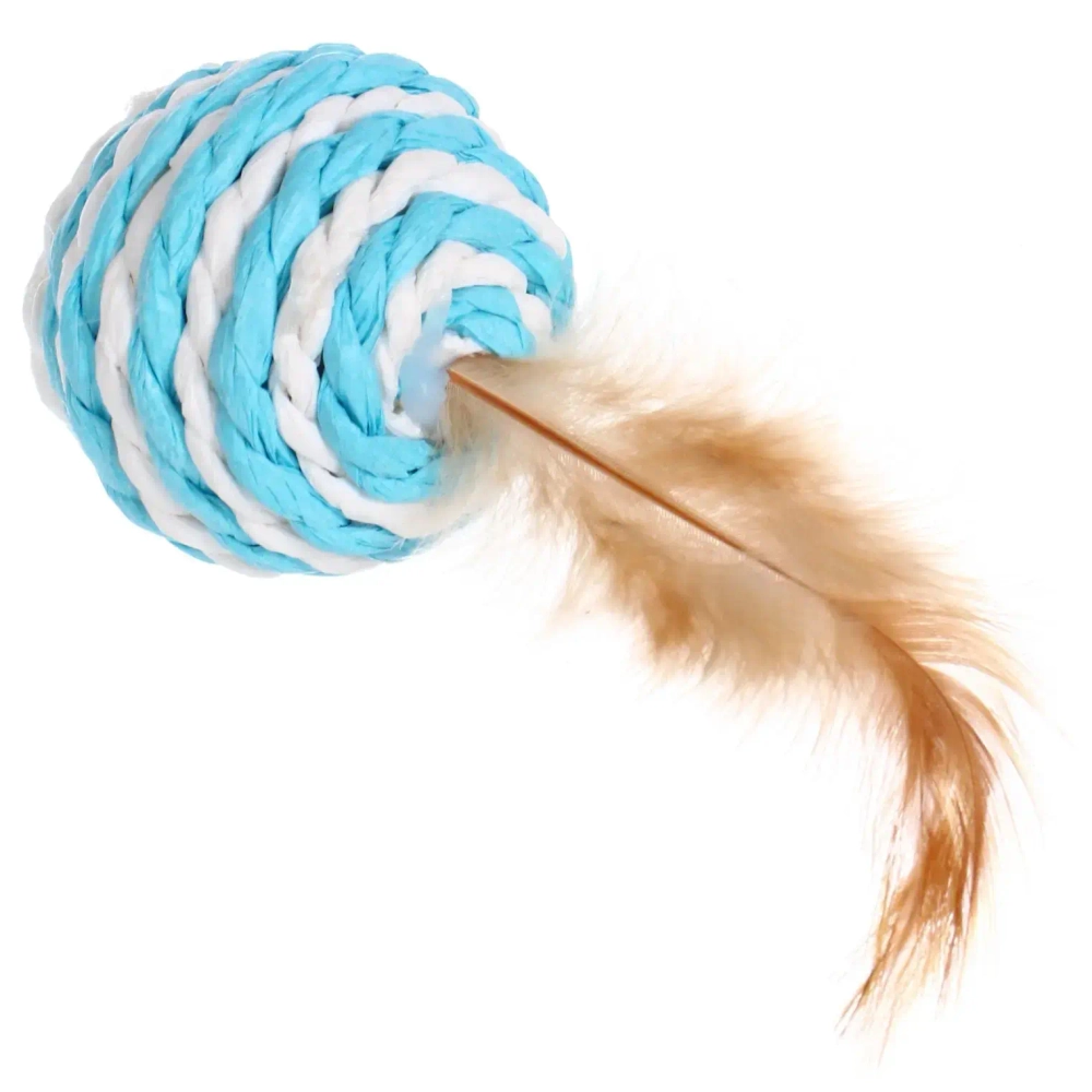 Игрушка - шарик для кошек «ИГРУЛИК», перышко, цвет голубой, d-5см, длина 10см (пакет с подвесом)