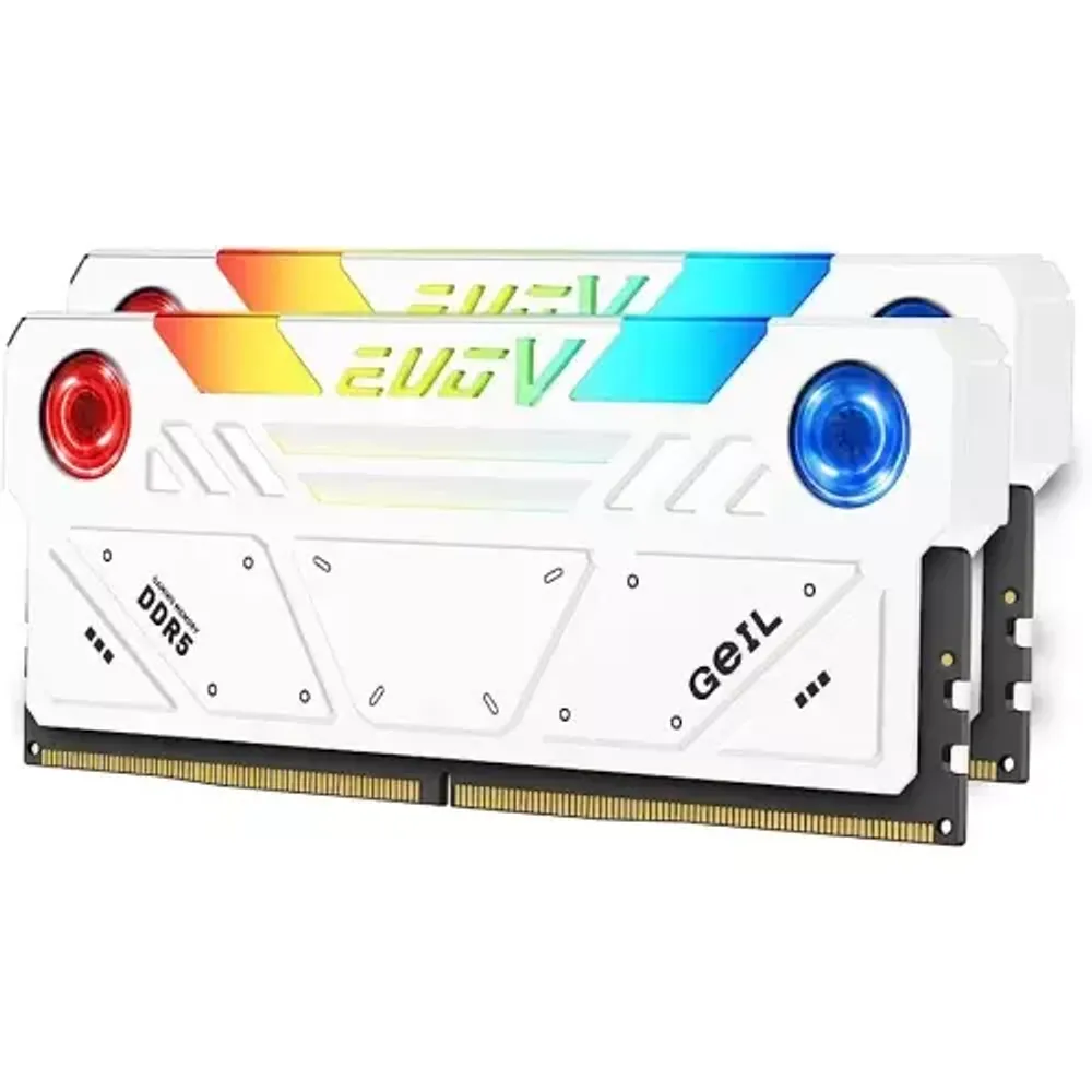 Оперативная память с RGB подсветкой 32GB Kit (2x16GB) GEIL EVO V RGB 6400Mhz DDR5 PC5-51200 38-40-40-82 GESW532GB6400C38ADC White (интегрирована система охлаждения с двумя вентиляторами)