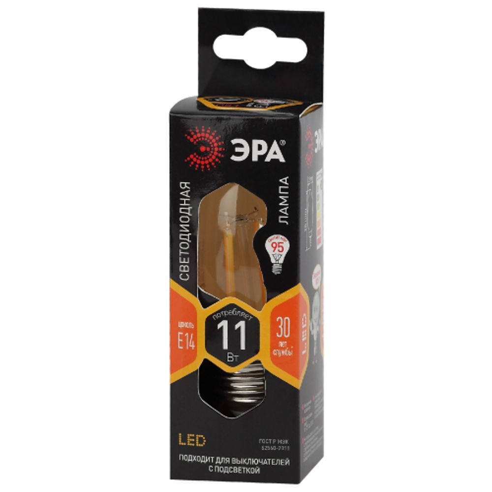 Лампа светодиодная ЭРА F-LED B35-11W-827-E14 Е14 / Е14 11Вт филамент свеча теплый белый свет | Филаментные декоративные
