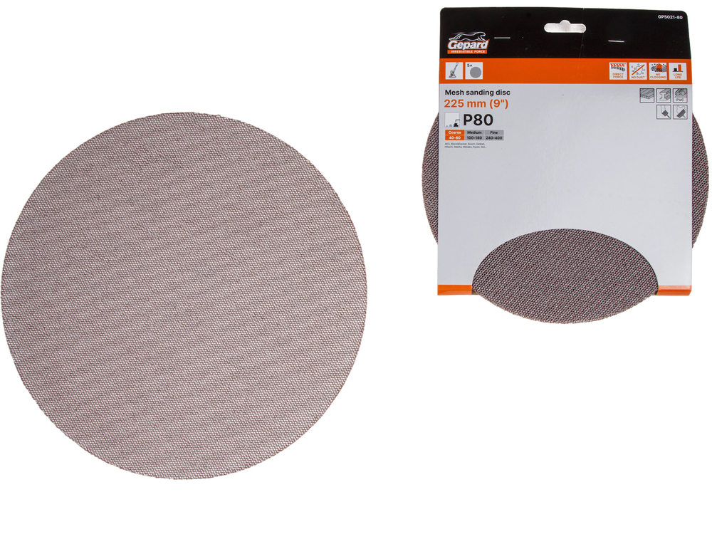 Шлифлист 225мм круг Р80 сетка, самосцепл. 5шт. GEPARD (GP5021-80)