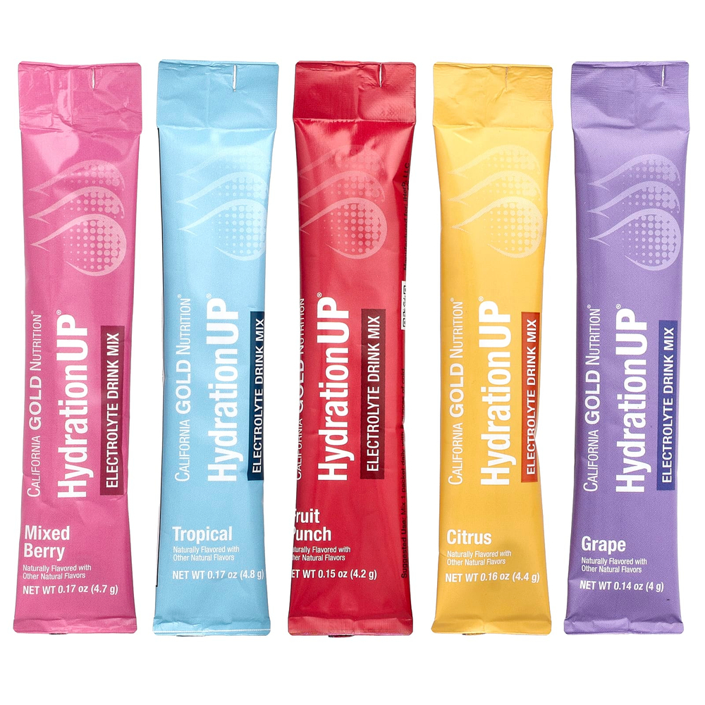 California Gold Nutrition, HydrationUP®, смесь для приготовления напитка с электролитами, с лактатом кальция, витаминами C и E, ассорти вкусов, 20 пакетиков по 4–4,8 г (0,14–0,17 унции)