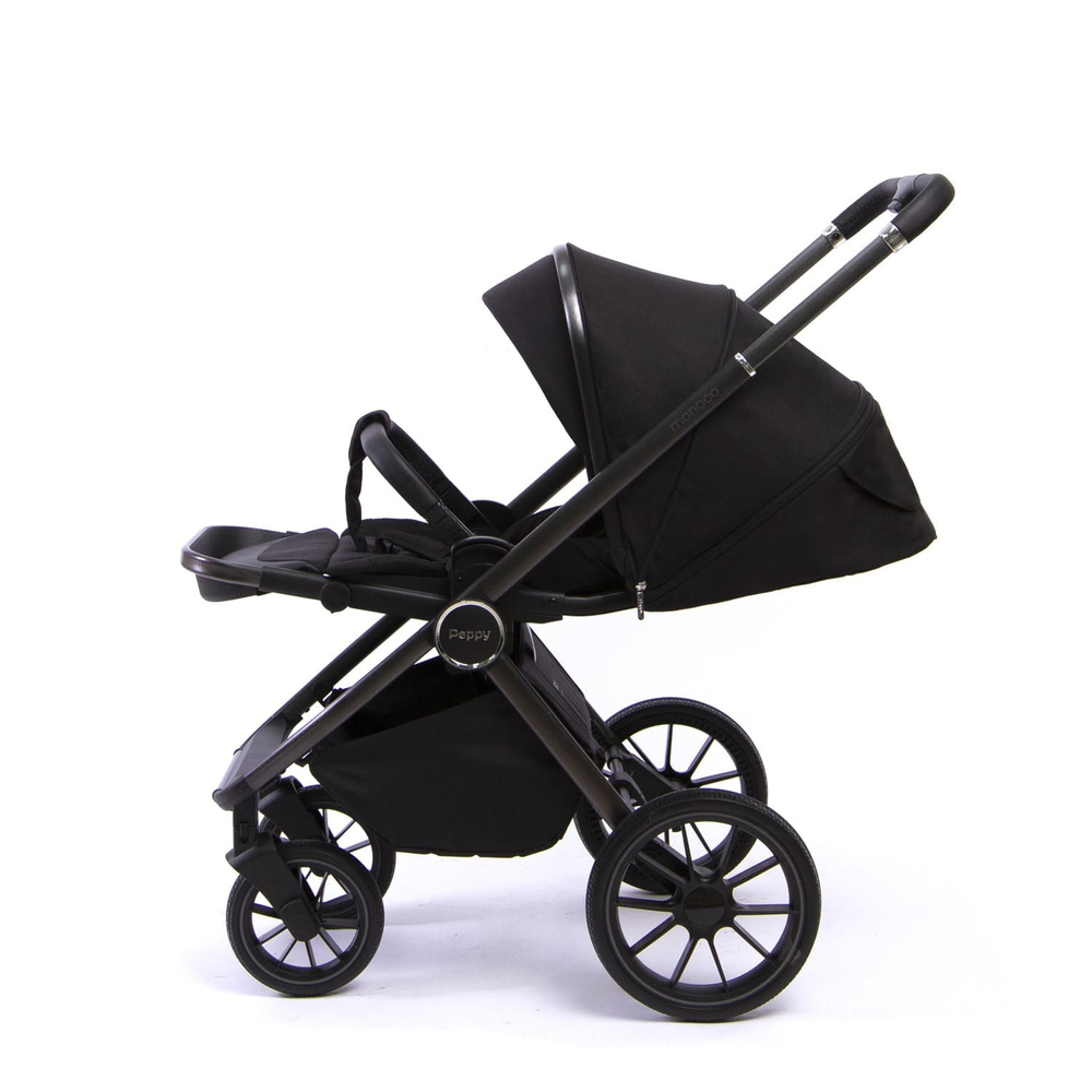 Коляска детская Peppy Monaco 2 в 1 GP Black (черный), рама темносерая, шлифованный алюминий