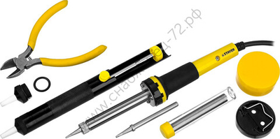 STAYER PROTerm 60Вт с 2К рукояткой, конус, подставка+припой+сменное жало+оловоотсос+сменная насадка+канифоль+кусачки, Паяльный набор (55314-60-H8)