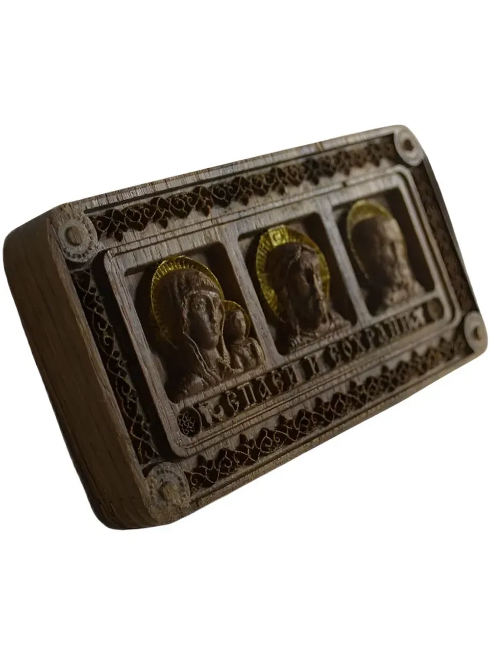 Авто икона триптих освященная резная из массива дуба.