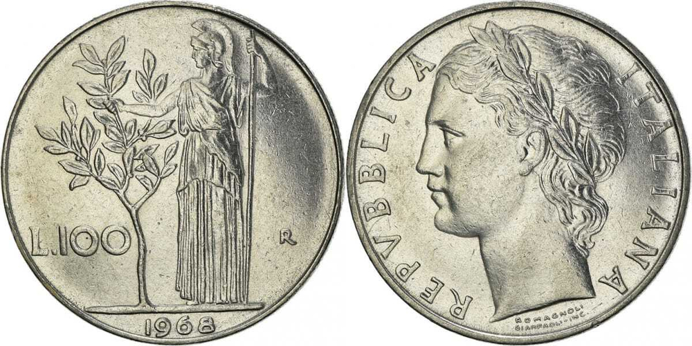 Италия 100 лир, 1955-1989 Минерва XF