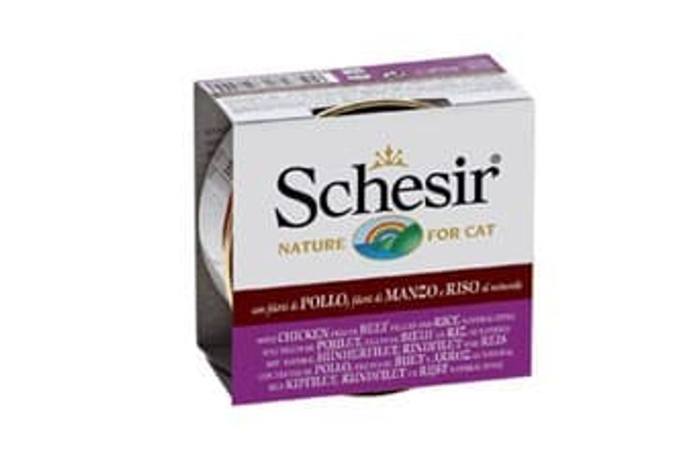 Schesir консервы для кошек ЦЫПЛЁНОК+ГОВЯДИНА+РИС 85гр