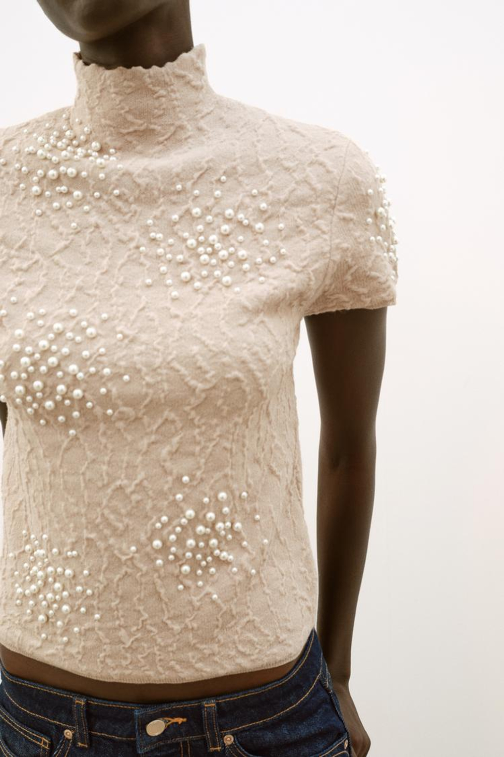 ZARA ТРИКОТАЖНЫЙ ТОП С ЖАТЫМ ЭФФЕКТОМ И БУСИНАМИ, ТЕЛЕСНО-РОЗОВЫЙ