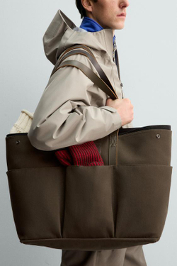 ZARA X AARON LEVINE ШОПЕР С КОЖАНЫМИ ДЕТАЛЯМИ, ЗЕЛЕНЫЙ ХАКИ