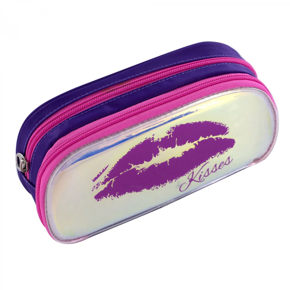 Пенал 2 отделения Alingar, ПВХ-силикон, молния, 110 х 210 мм, "With love!", фиолетовый (фиолетовые губы)
