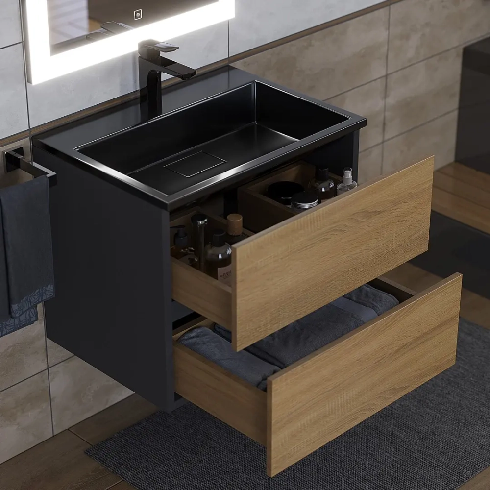 Тумба с раковиной Uperwood Barsa 60 см, раковина черная глянцевая, подвесная тумба черная/дуб сонома