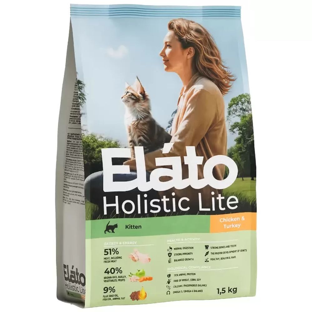 Сухой корм Elato Holistic Lite для котят, беременных и кормящих кошек с курицей и индейкой - 1,5 кг