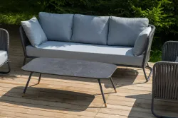 "Багамы" диван 3-местный плетеный из роупа, каркас алюминий темно-серый (RAL7024) муар, роуп серый 15мм, ткань светло-серая