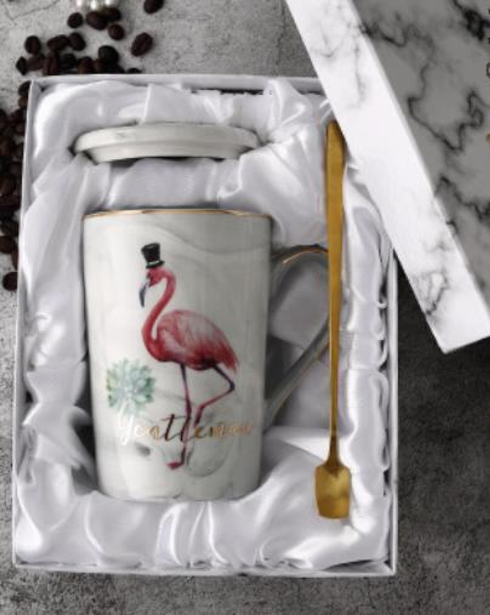 249026 Кружка ФЛАМИНГО "Gentleman" крышка+ложка, под.кор., h=12,3см, d=8см, 380мл, керамика серый