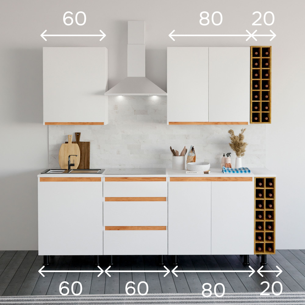 Кухня Валенсия 220 см со столешницей (7 модулей) / белый ЛДСП, массив дуба