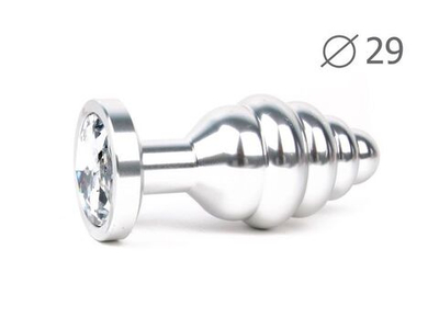 Коническая ребристая серебристая анальная втулка с прозрачным кристаллом - 7,1 см. (Цвет: прозрачный)