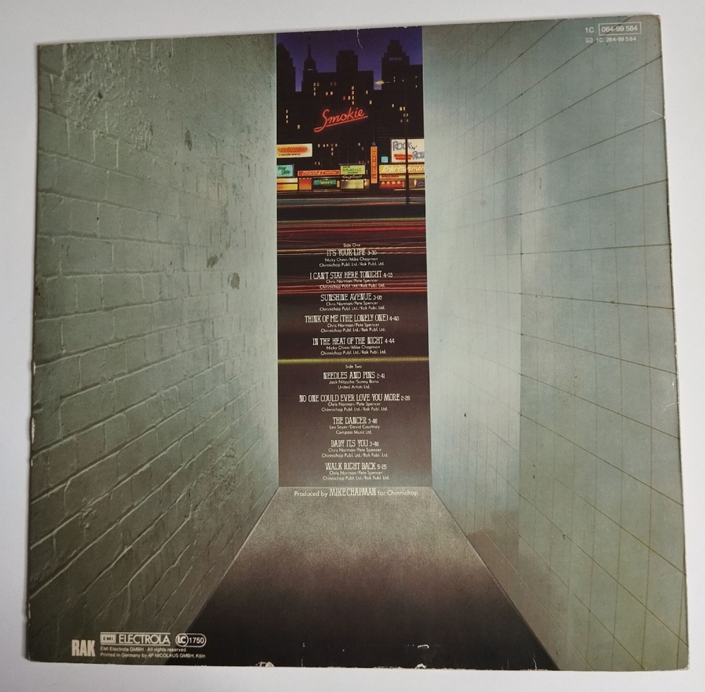 Винтажная виниловая пластинка LP Smokie Bright Lights and Back Alleys (Germany 1977)