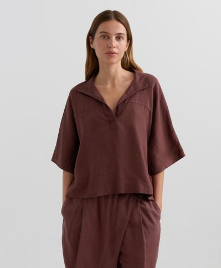 Oysho Рубашка свободного кроя с коротким рукавом из 100% льна, винный