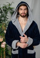 Махровый халат с капюшоном синий