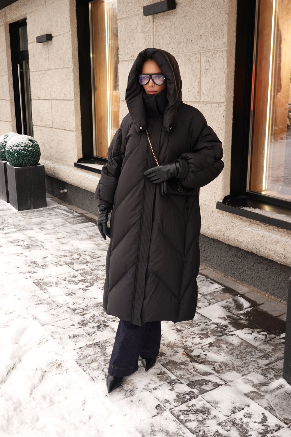 Пуховик А-силуэта в длине макси