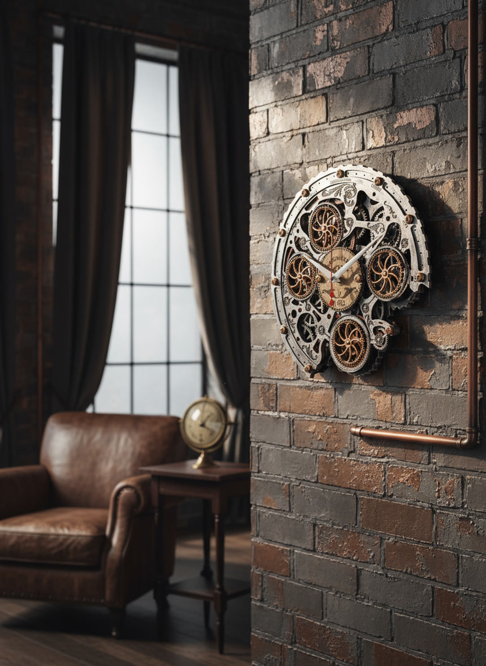 Интерьер в стиле лофт с настенными часами WOODandROOT Automaton Bite 1682 на кирпичной стене, рядом кожаное кресло и глобус