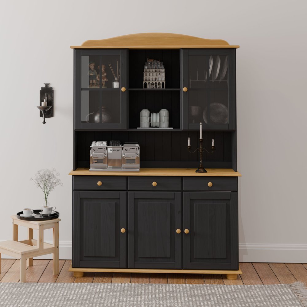 Витрина 132х28х109, Лена, стеклянная для посуды, буфет шкаф двухдверный, массив сосны, с 3 полками (верхняя часть буфета Лена), серый, Dipriz