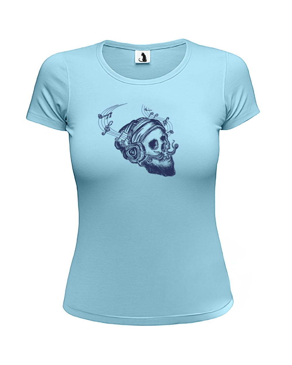 Футболка череп и ноты женская приталенная голубая с синим рисунком