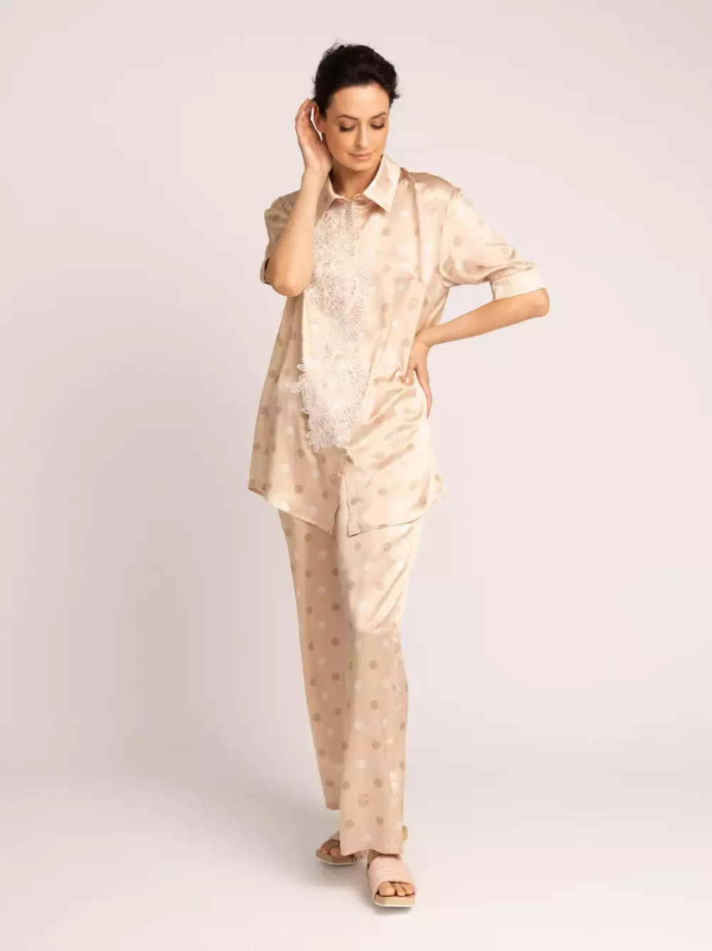 Штаны женские шелковые Mollen Горох песочно-бежевые