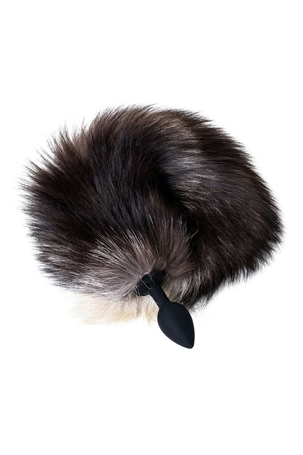 Черная силиконовая анальная втулка с хвостом чернобурой лисы - размер S