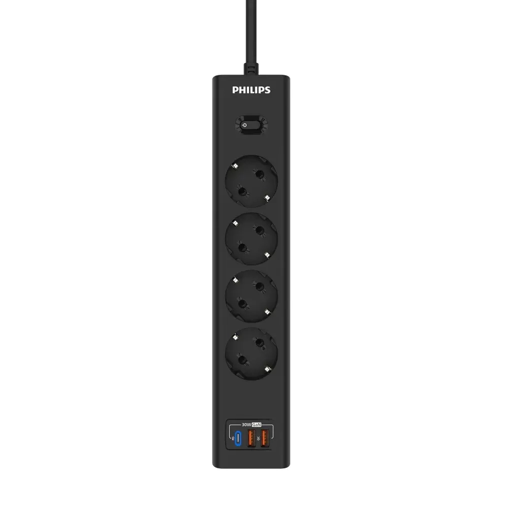 Сетевой фильтр удлинитель Philips CHP8246BA/51 с четырьмя стандартными розетками EU, 2 USB-A, Type-C, с заземлением и защитой от перегрузок, 2 м, черный