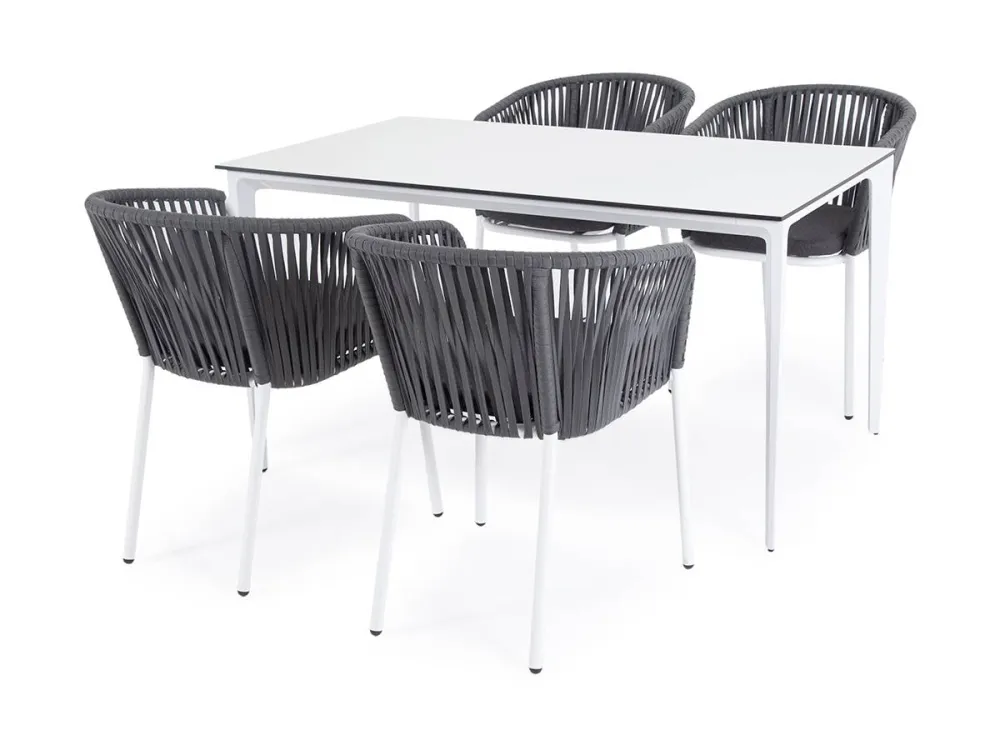 "Малага" обеденная группа на 4 персоны со стульями "Бордо", каркас белый, роуп серый