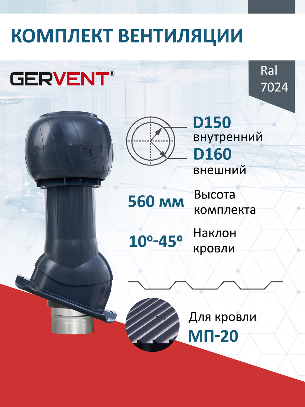 Готовый комплект изолированный серия Static (колпак): PROF-20, Ø 150/160 мм, Gervent