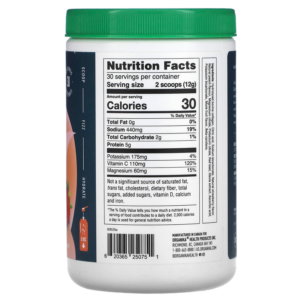 Organika, Electrolytes + Enhanced Collagen ™, сочная клубника и персик, 360 г (12,7 унции)