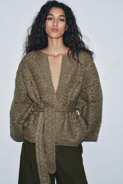 ZARA ВЯЗАНЫЙ КАРДИГАН С ПОЯСОМ, СВЕТЛЫЙ ХАКИ