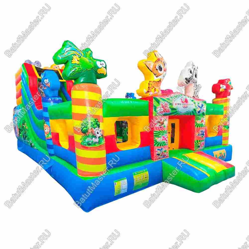 Надувной батут «Звериный мир» с горкой и аркой,с сеткой на входе 7*5*4,2 м