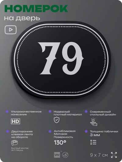 Номерок на дверь квартиры 79, для кабинета, офиса, шильдик 9 х 7 см, черный, Айдентика Технолоджи
