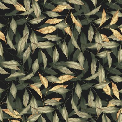 Зеленые и золотые листья на черном