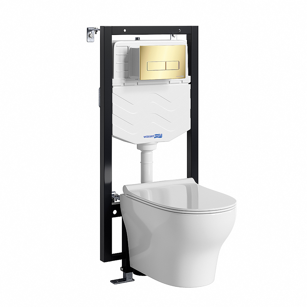 Унитаз подвесной WasserKRAFT Berkel 56TLT.010.ME.PG03.H001 безободковый, с инсталляцией Vils 56, с крышкой микролифт, белый/кнопка золото глянцевое