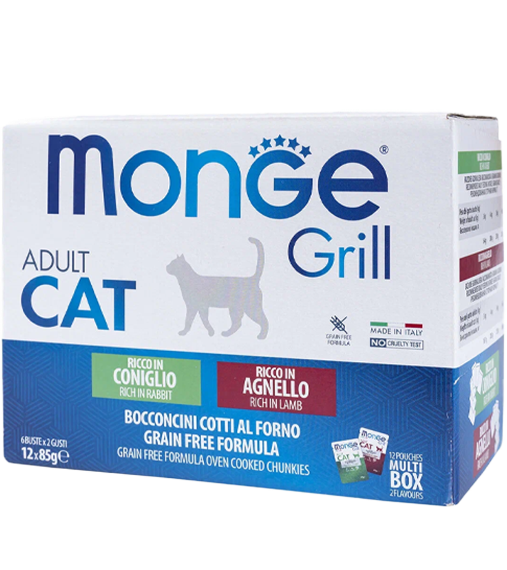 Monge Cat Grill для взрослых кошек с кроликом, с ягненком, бокс с паучами 12шт х 85гр.
