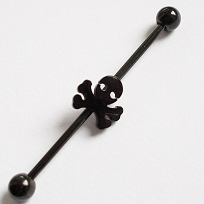 Индастриал "Череп" для пирсинга ушей с шариками 5 мм. Медицинская сталь, черное анодирование. 1 шт