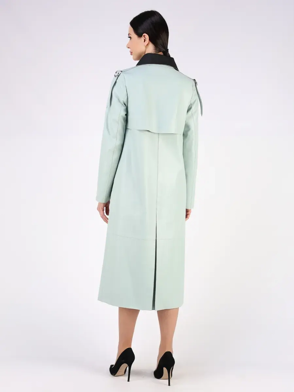 Кожаный тренч длинный с поясом плащ на осень