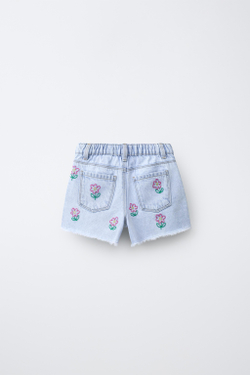 ZARA ДЖИНСОВЫЕ ШОРТЫ MOM FIT С ВЫШИВКОЙ, СИНИЙ