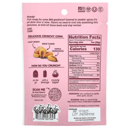 Love Corn, хрустящая кукуруза, копченый барбекю, 45 г (1,6 унции)