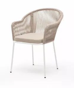 "Лион" стул плетеный из роупа, каркас из стали белый муар, роуп бежевый круглый, ткань бежевая 052