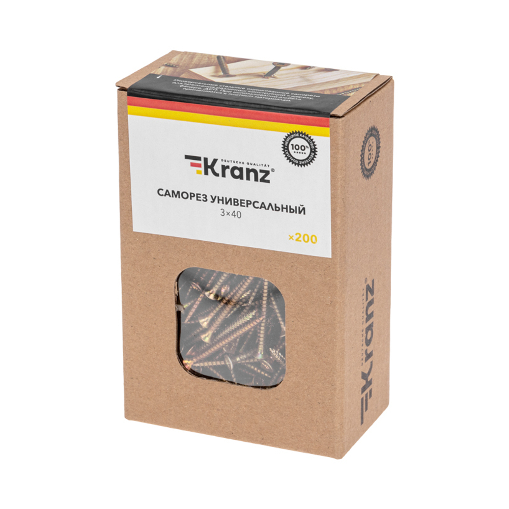 САМОРЕЗ УНИВЕРС.KRANZ 3Х40, ЖЕЛТ.ЦИНК, КОРОБ (200 ШТ./УП.)