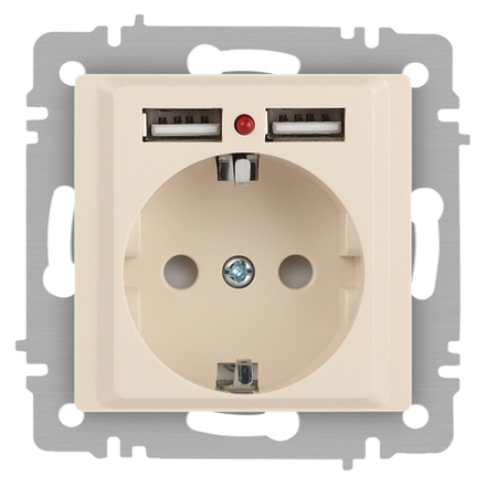 Розетка Intro Accent 6-410-02 , P+E Schuko со шторками, 16А-250В + 2хUSB, IP20, СУ, слоновая кость